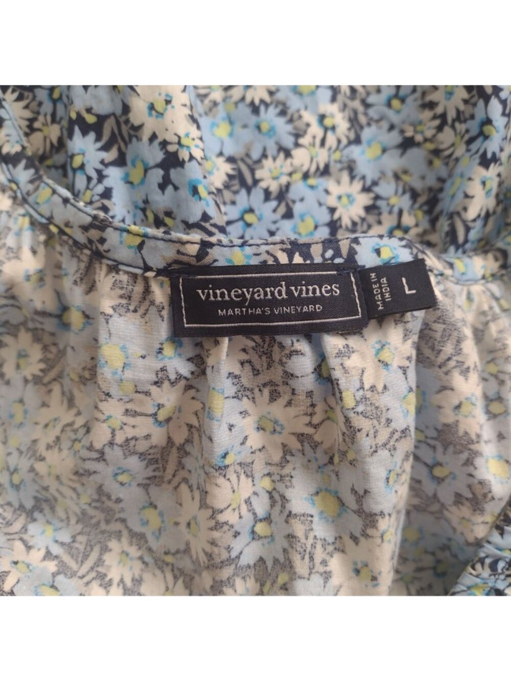 Vineyard Vines Blue Floral Dress L Cotton Puff Sleeves Midi w POCKETS - Picture 2 of 10